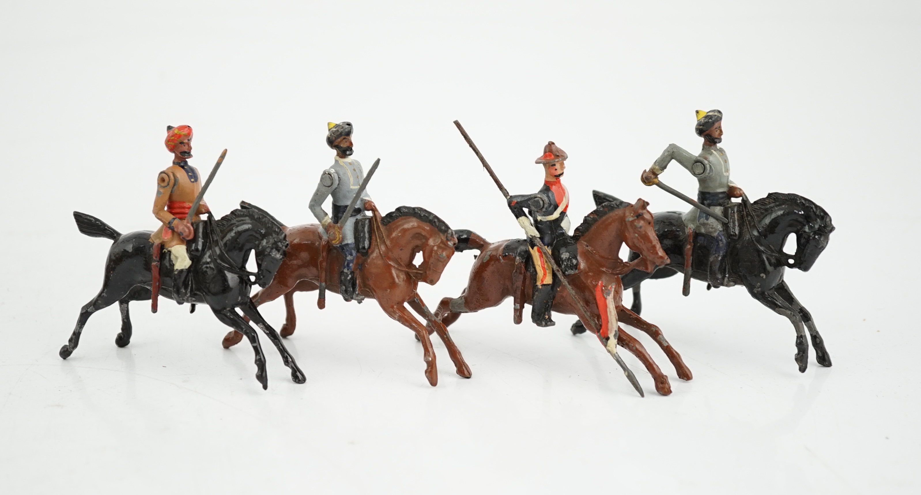 Seventeen early Britains cavalry soldiers, including Madras Cavalry (including the 1896 versions from set 45), Australian cavalry, a Japanese cavalry soldier (?), etc.